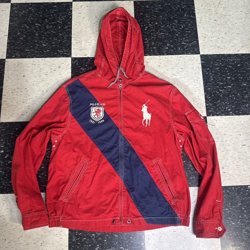 Vtg Polo Ralph Lauren Full Zip Hooded Jacket Sz XL Red Big Pony Sailing Rugby