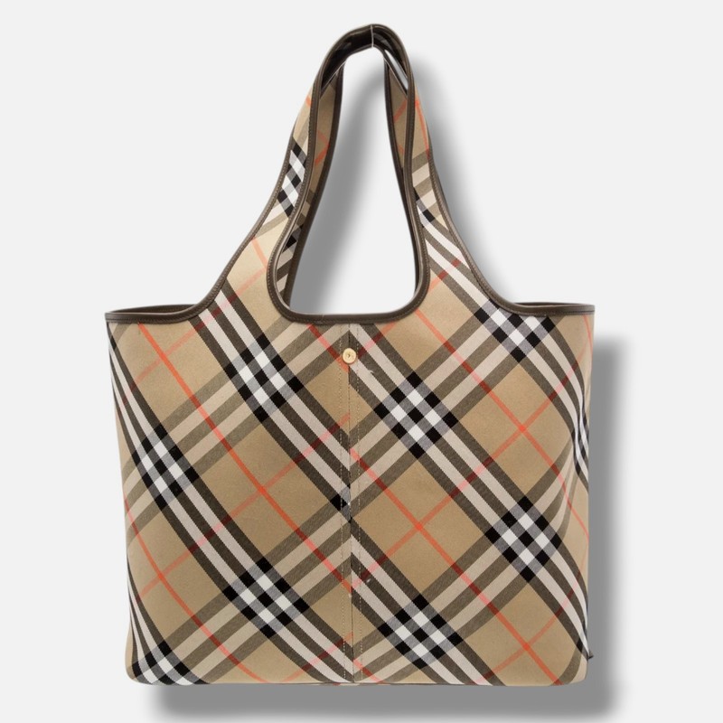 Burberry Women's Beige Small Leather Canvas Check Shopping Tote Bag gallery