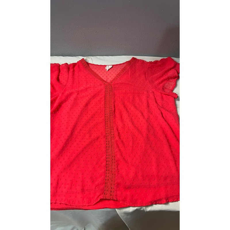 Naif Womens 3X Red Swiss Dot Boxy Crochet Lace V-Neck Flutter Sleeve Blouse gallery