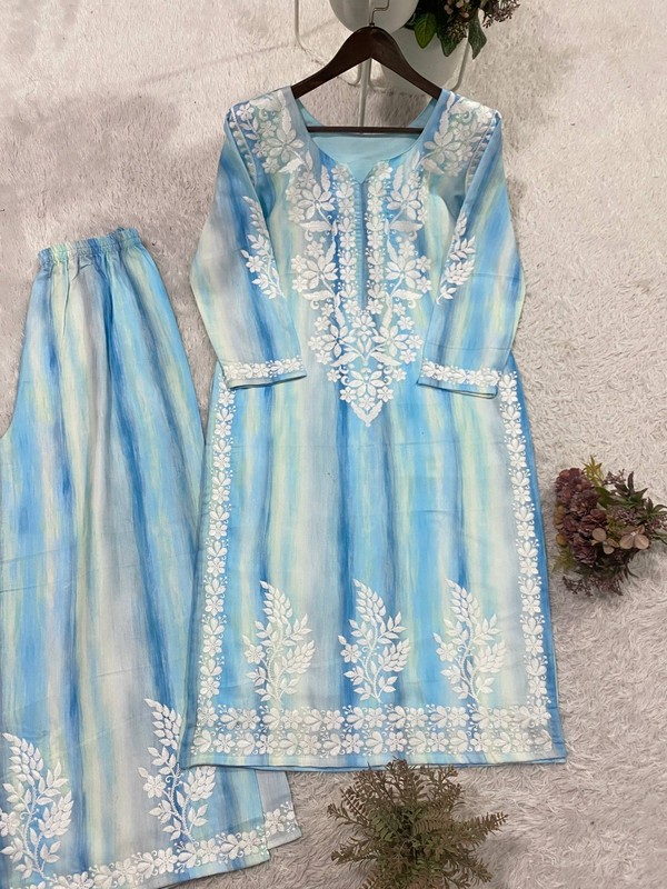 Sky Blue Rayon Kurta Palazzo Set Embroidered Ethnic Suit Summer Wear For Women gallery