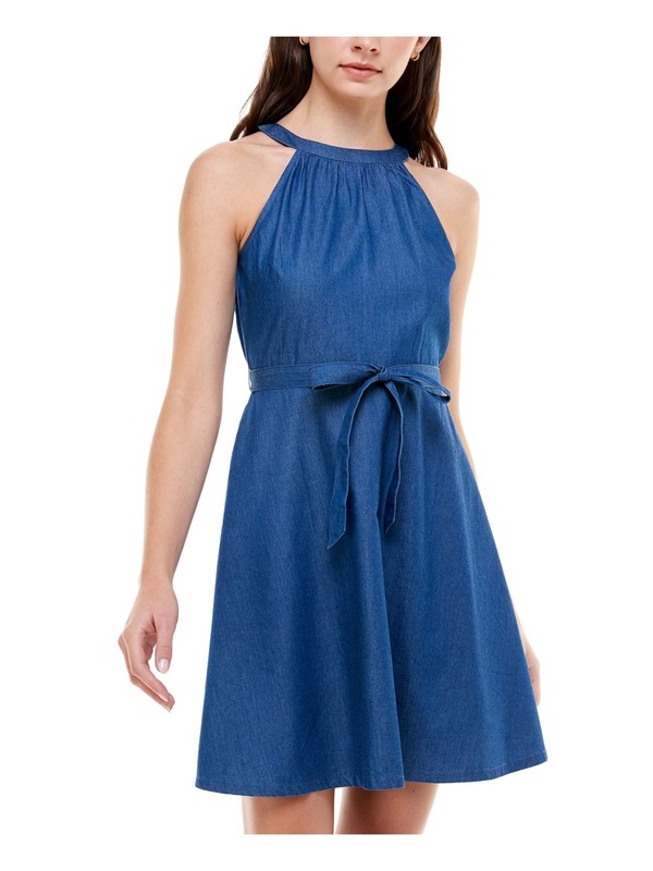 Rosie Harlow Womens Denim Tie Sleeveless Halter Short Fit + Flare Dress gallery