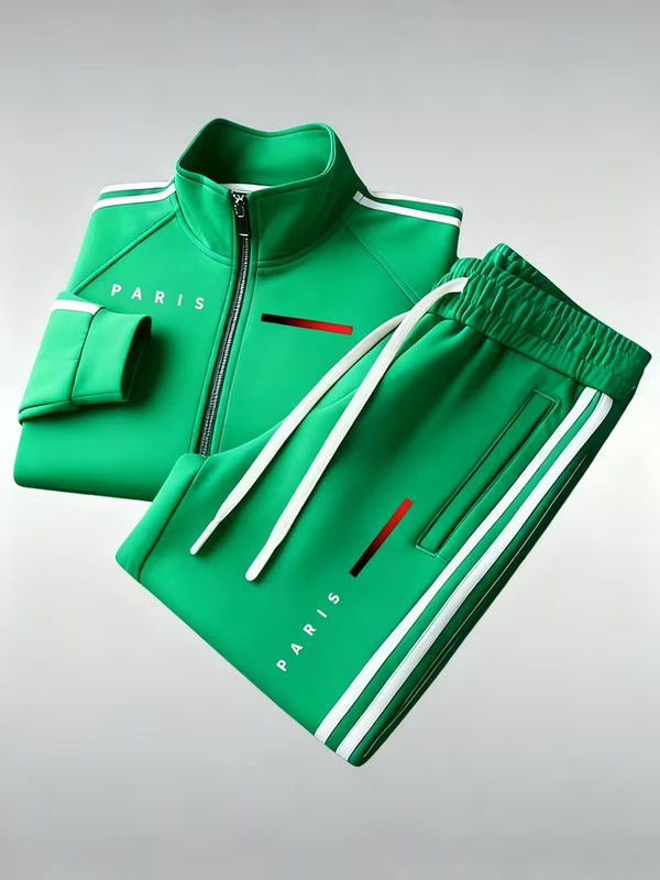 Men's 2Pc Tracksuit Set High Mandarin Collar full Zipper Jacket Paris Sportswear