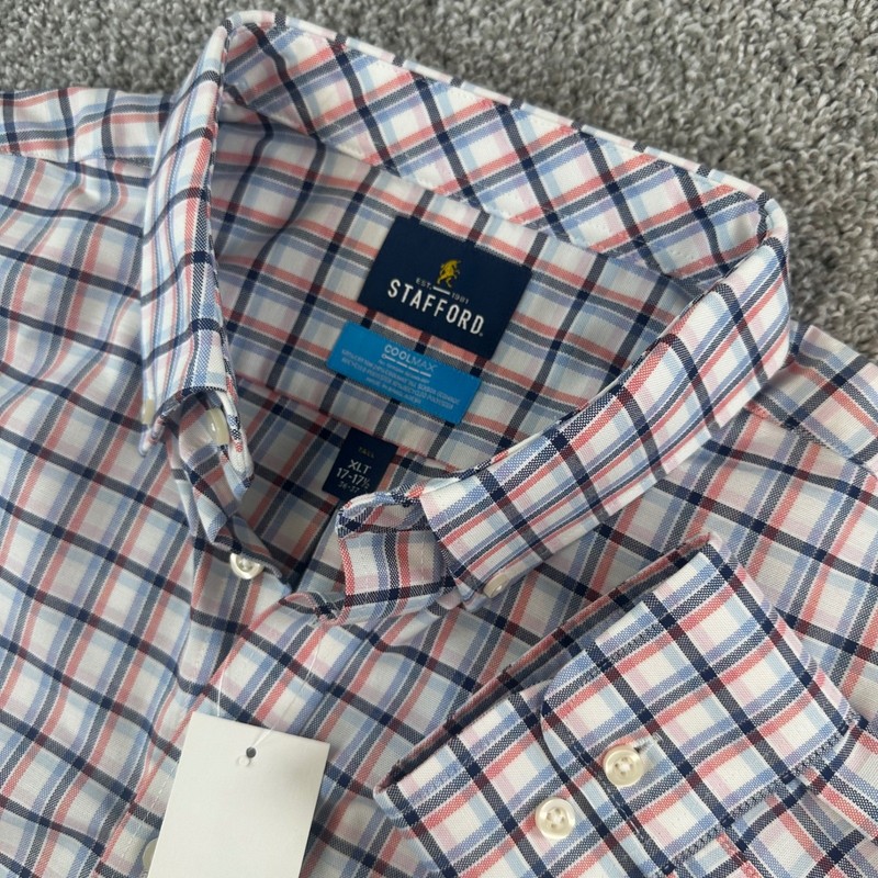 Stafford Dress Shirt Mens XLT Multi Windowpane Plaid Coolmax Business Office NEW