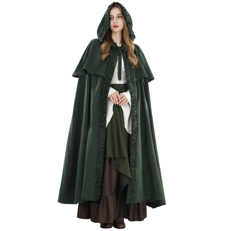 Medieval Cloak Women's Hooded Coat with Cuff Plain Trench Coat R...