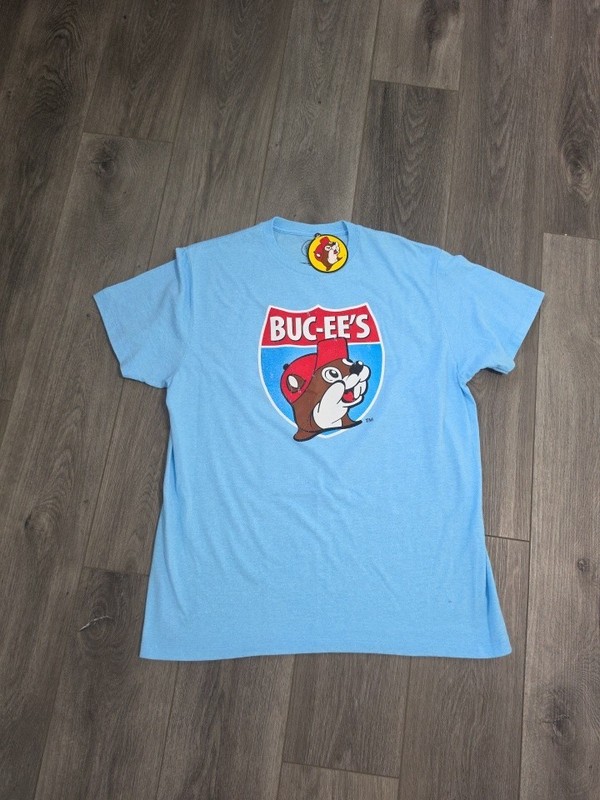Buc-ees Light Blue T-Shirt Men’s Sz L «Heck Yeah Buc-ees» Front/Back Graphic NWT