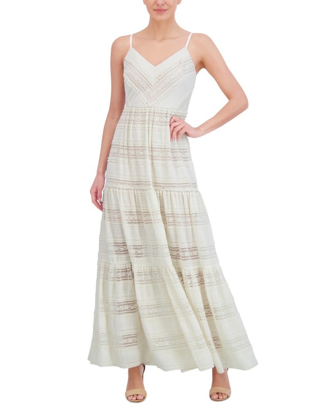 Eliza J Lace Tiered Maxi Dress Womens 2 Ivory V-Neck Sleeveless Back Zip Closure