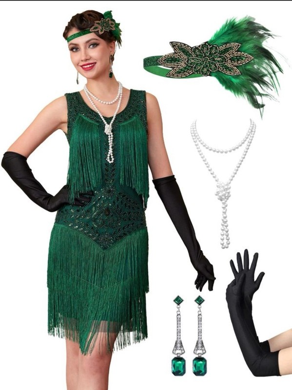 NEW RRYIO 1920s Flapper Dress Costume Set Small Green Great Gatsby Roaring 20s