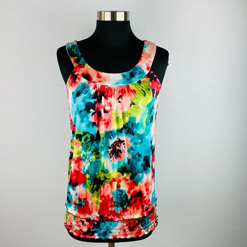 BCX Womens Small S Abstract Print Sleeveless Scoop Neck Smocked Hem Top