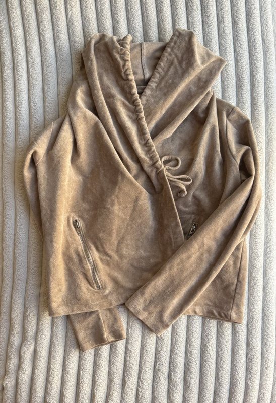 BLANKNYC Faux Suede Drape Hooded Jacket Tan Moto Open front Size Medium gallery
