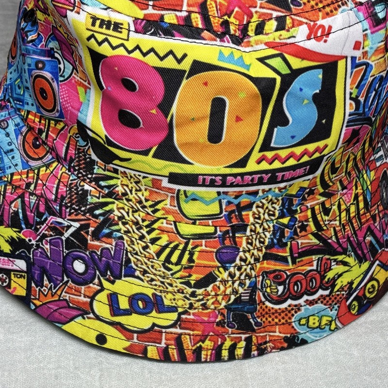 80s “It’s Party Time!” Multicolor Graphic Print Bucket Hat Free Shipping