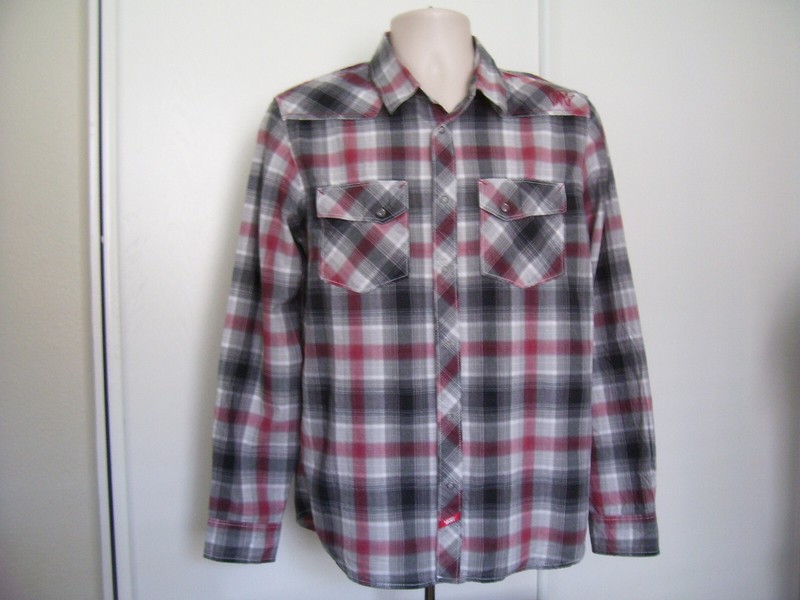 VANS Western Y2K VTG Shirt Snap Button Long Sleeve Sz Medium Red Gray Plaid