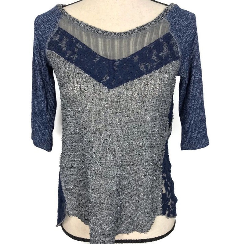Free People Hacci Blouse Mix It Up Tee Top Sweater Blue Gray thermal Tweed XS