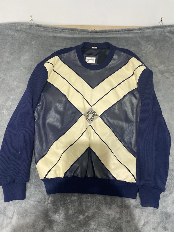 Vintage Man Art Leather Knit Sweater Size Large Blue Hip Hop 90s