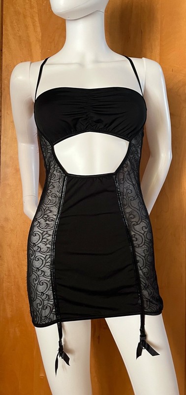 KISSABLE BY COQUETTE BLACK CUTOUT SHEER MESH LACE LINGERIE GARTER DRESS ONE SIZE