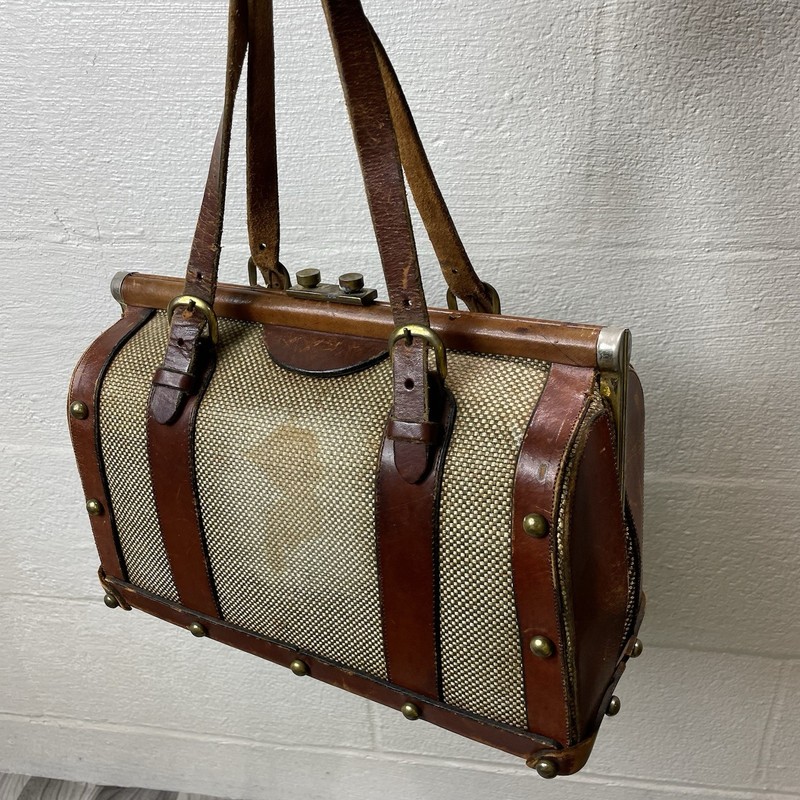 Vintage John Romain Tweed Leather Doctor Purse Cognac Brown Satchel Handbag 60s