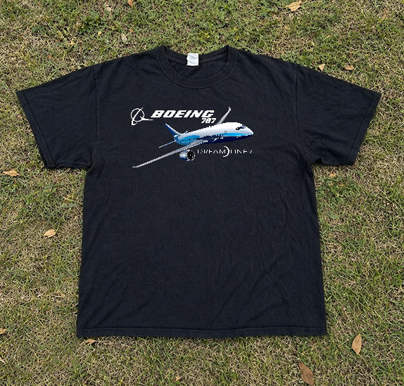 Men Women Boeing 787 Dreamliner Airplane Cotton T-Shirt, Vintage Short Sleeve