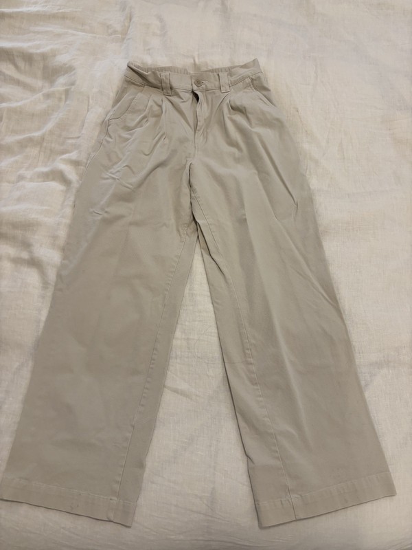 MUJI Cotton Wide Leg Pants Trousers Beige Khaki Elastic Waist Crop Women Sz S/M