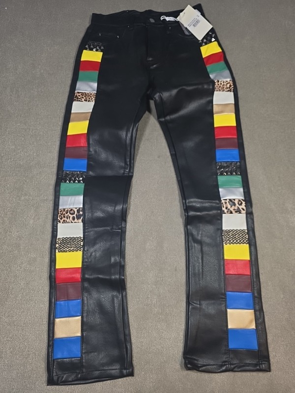 Mens Black Faux Leather Studded Side Stripe Pants NWT Streetwearr Size 28
