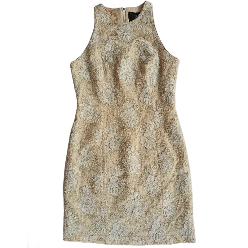 Carmen Marc Valvo Form Fitting Short Dress Lace Gold Thread Sleeveless Nude Sz 6