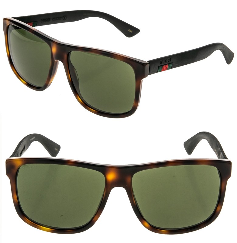 GUCCI GG0010S STRIPE 0010 Black Rubber Tortoise Green Square Unisex Sunglasses