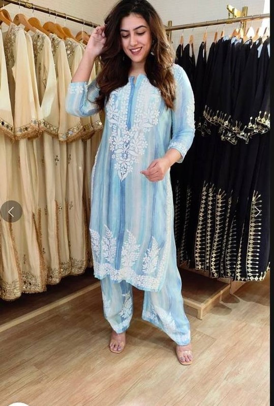 Sky Blue Rayon Kurta Palazzo Set Embroidered Ethnic Suit Summer Wear For Women gallery
