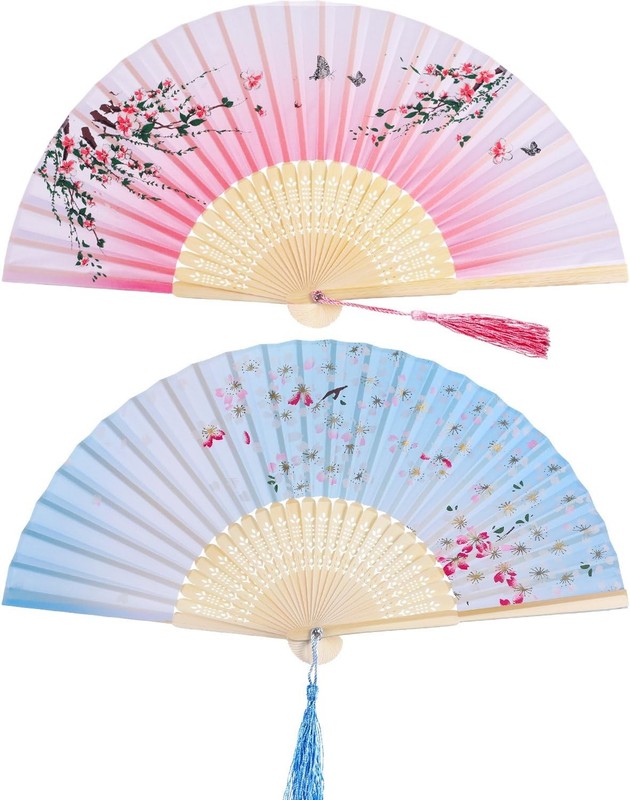 Hotop 2PCS Handheld Silk Folding Fans Bamboo Frame Cherry & Peach