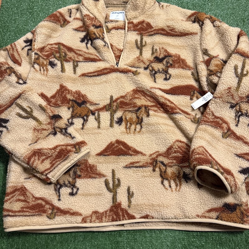 NEW Old Navy Horse Print Sherpa Quarter Zip Pullover Mens 2XL Tan Brown Pockets gallery