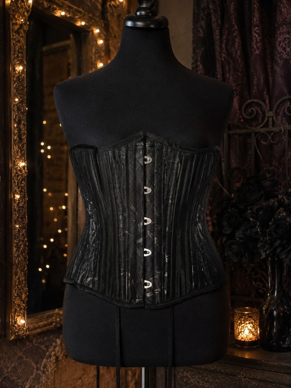 Vintage Black Satin Corset Waist Cincher Lace Up Gothic Burlesque Sz 22