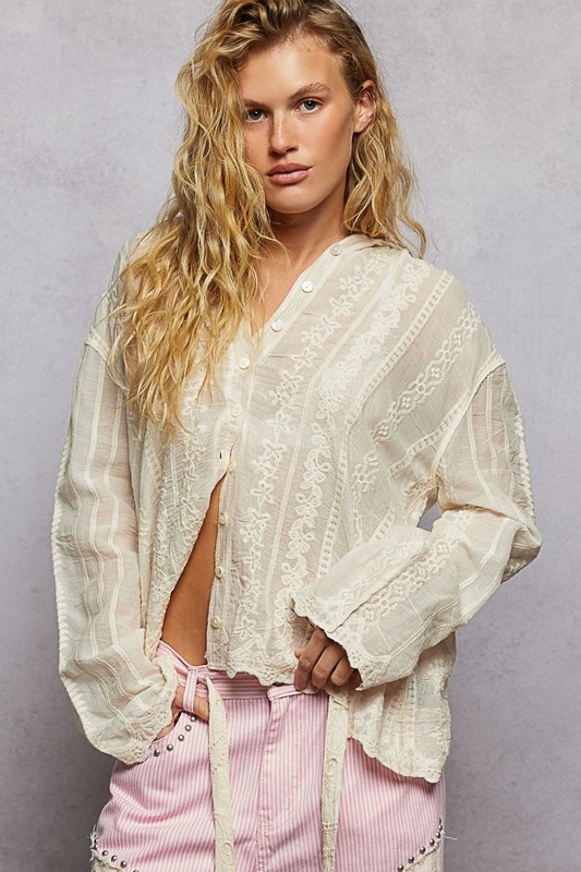 New POL one size hooded shirt top embroidered lace look beautiful