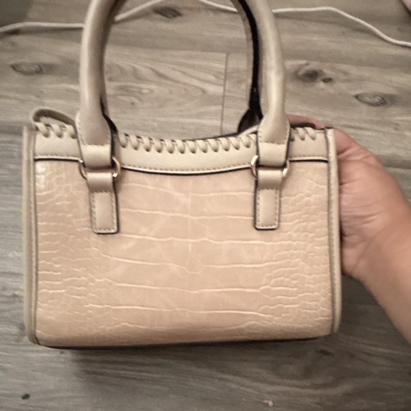 Beige Small Satchel Top Handle Bag Zip Closure Detachable Strap Gold Hardware