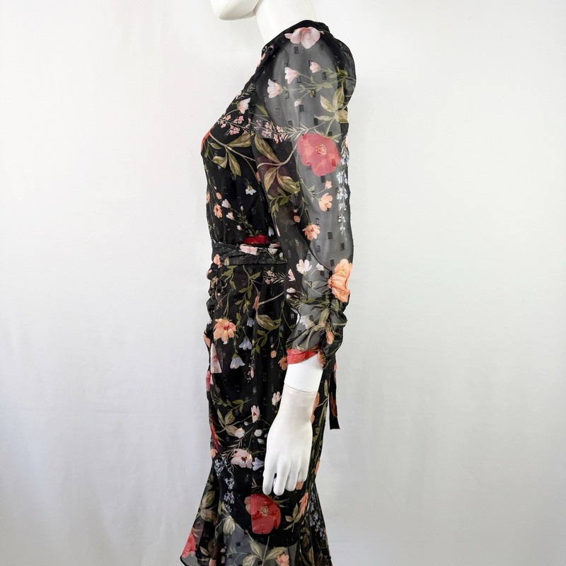 Eliza J Black Poppy Floral Print Belted Midi Dress Size 4 Formal Cocktail Party gallery