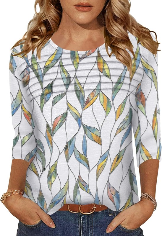 Pleated 3/4 Sleeve Womens Blouse Crew Neck Lightweight Casual Top S-XXL Summer gallery