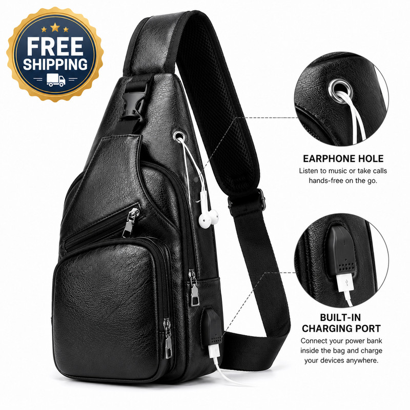 Men’s Leather Sling Bag Crossbody Chest Pack USB Shoulder Backpack Black