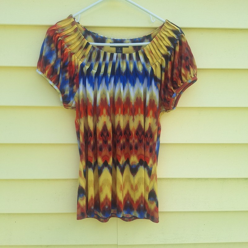 Womens Pleated Pop Over Top Size M Artsy Boho Festival Hippie Fairy Rainbow