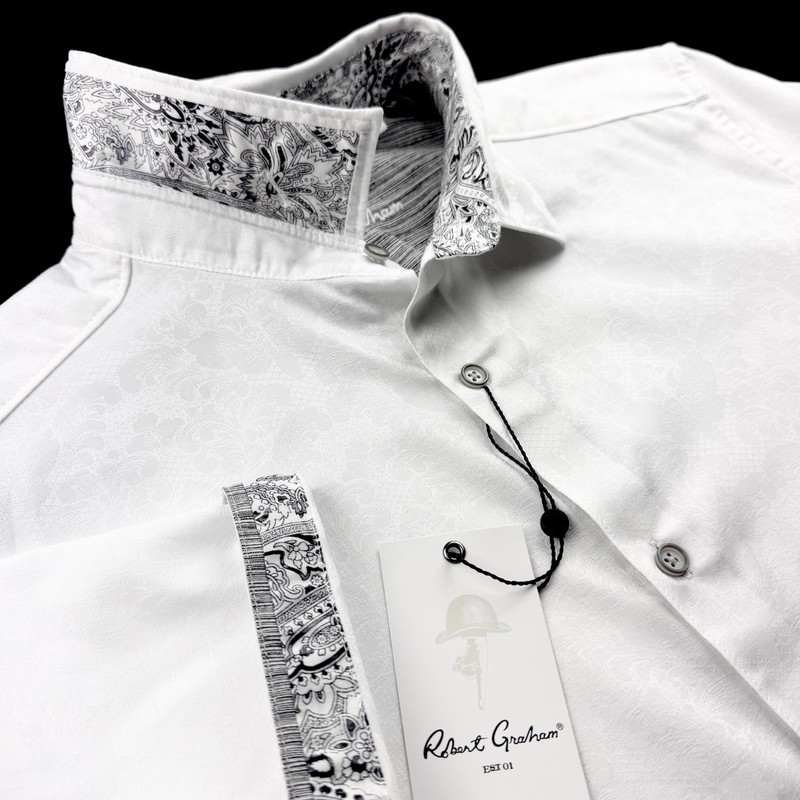 Robert Graham Geometric Floral Paisley Diamond Print Short Sleeve Shirt White XL