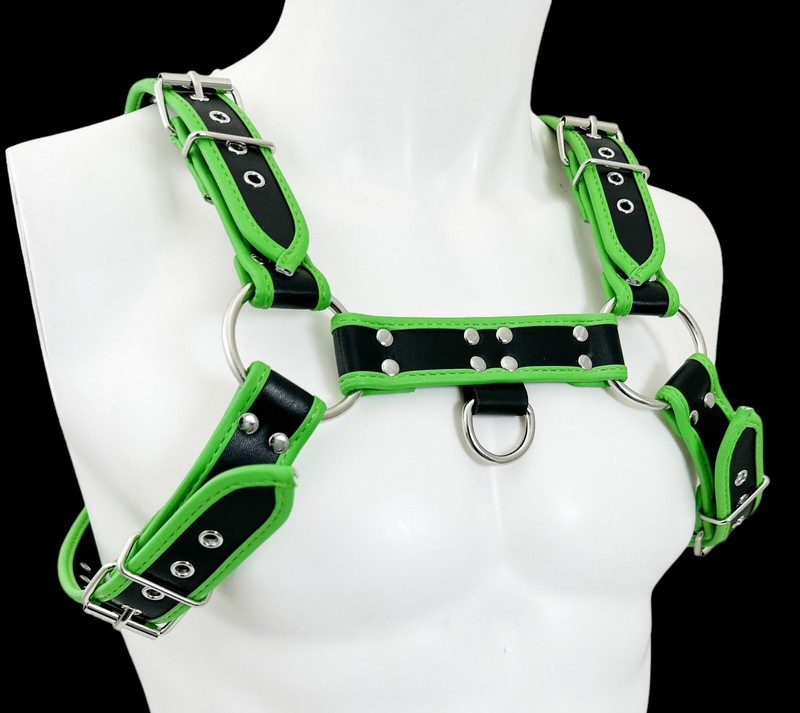 Neon Green Stripe Vegan Bulldog Harness Chest Thick & Soft Vegan Leather Pride