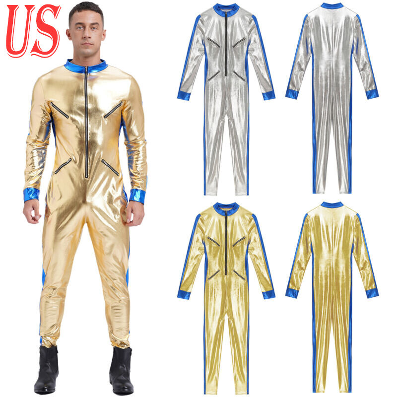 US Mens Astronaut Costume Contrast Metallic Jumpsuit Uniforms Space Man Unitards