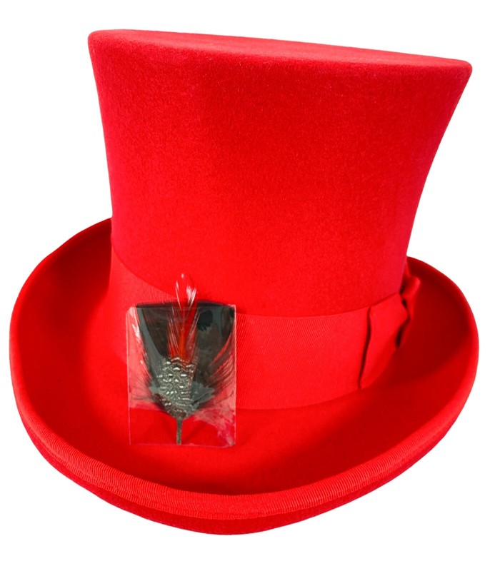 Adult Men's Hatter Steampunk English Gentleman Wool Red Top Hat Ribbon Feather gallery
