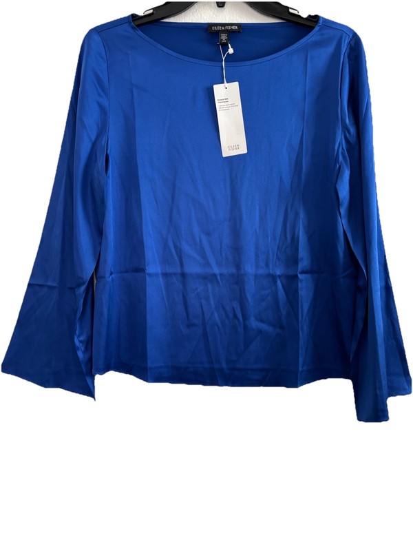 Eileen Fisher Stretch Silk Charmeuse Bateau Neck Top Long Slv Lapis L NWT $248