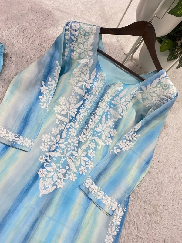 Sky Blue Rayon Kurta Palazzo Set Embroidered Ethnic Suit Summer Wear For Women gallery