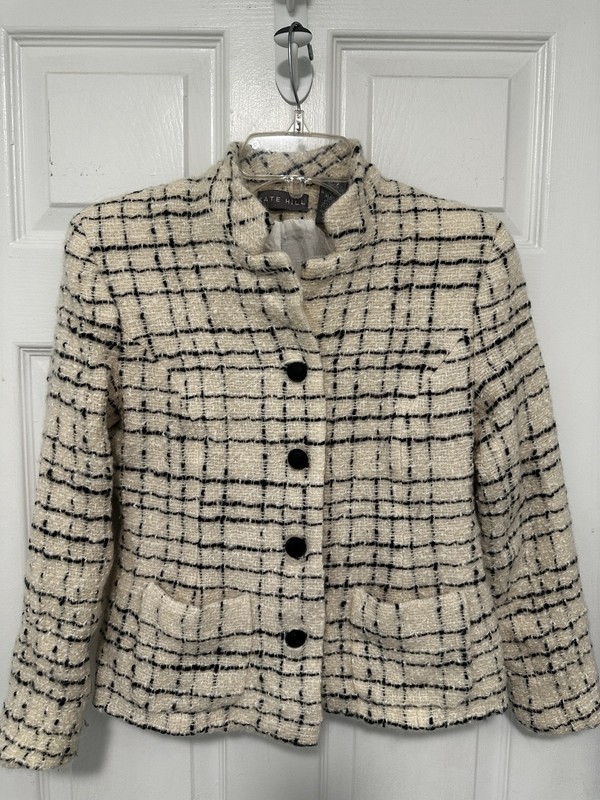 Kate Hill Tweed Woolmark Blend Cropped Jacket Size Small 4 Black White