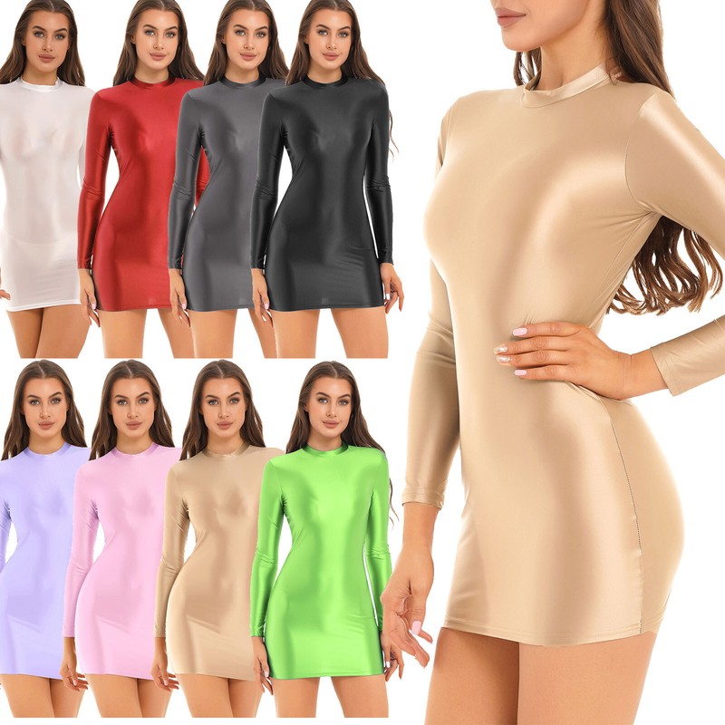 US YiZYiF Women's Long Sleeve Mini Bodycon Glossy Pencil Dress Going Out Club gallery