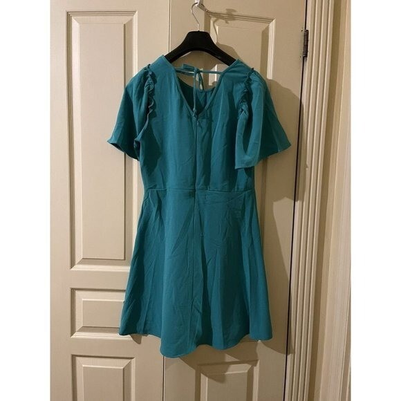 Bobeau Dress Green Blue Teal Aqua Turquoise A-line Sz Large Lace Tie V-Neck