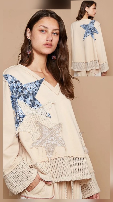 POL Solid Color French Terry Top with Star Patches in Almond V-Neck Sz S