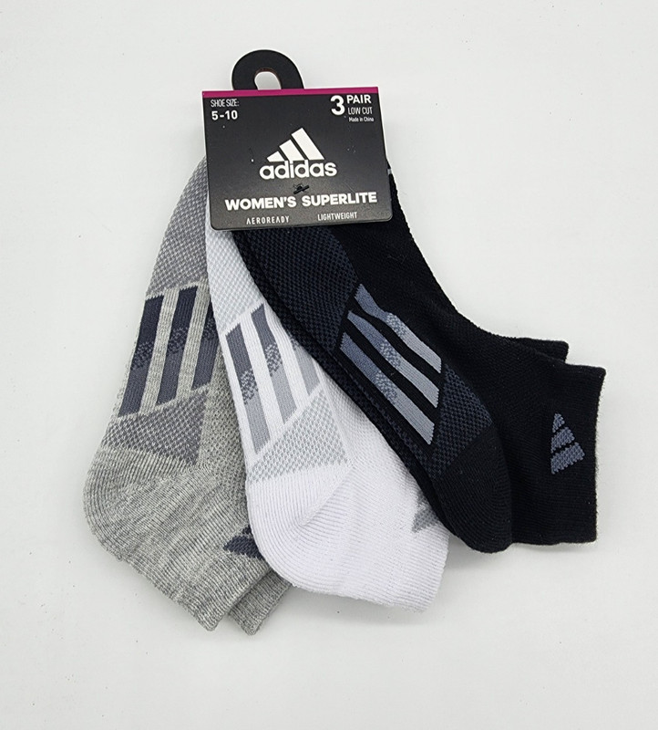 3 Pair Adidas Superlite Low Cut Socks, Women’s Shoe Size 5-10, Black White Gray
