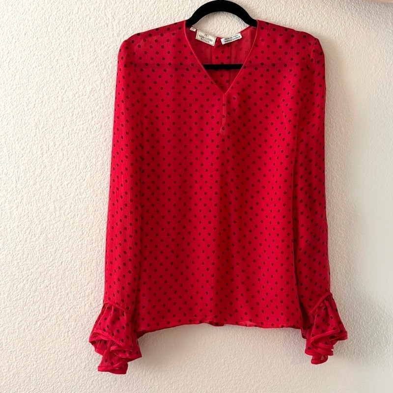 Valentino Boutique Red Polka Dot Silk Blouse Ruffle Cuff Vintage Italy Size 10