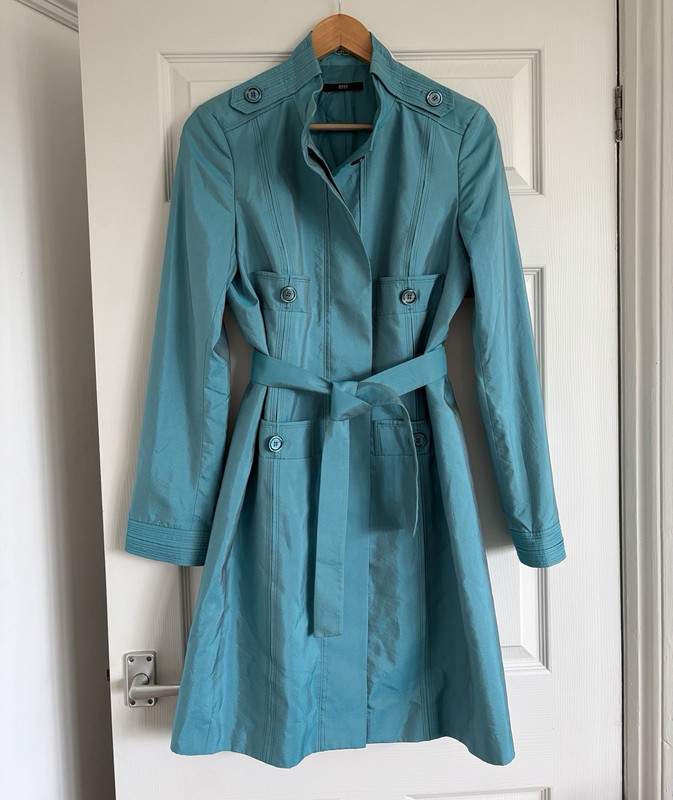 BOSS Hugo Boss Silk Blend Trench Coat UK 8 Teal Belted Cupro Lined