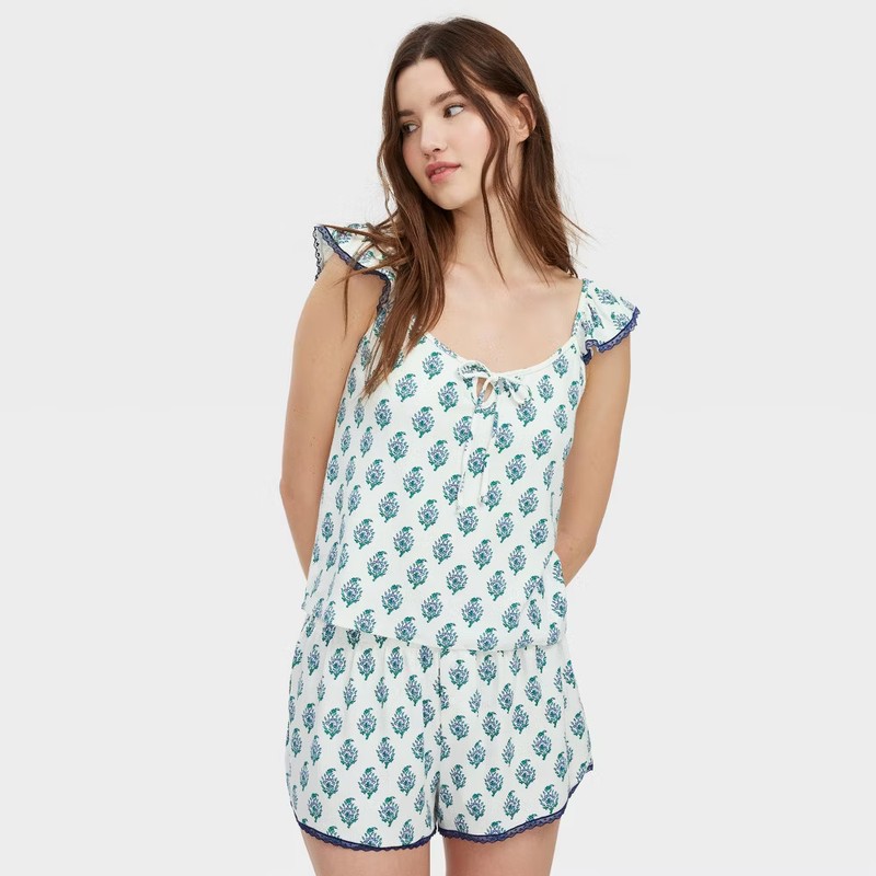 Women Bouquet Pointelle Tank Top and Shorts Pajama Set Blue - Roller