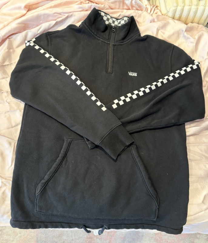 VANS Men’s L Black 1/4 Zip Pullover Sweatshirt Mock Neck Check Pockets