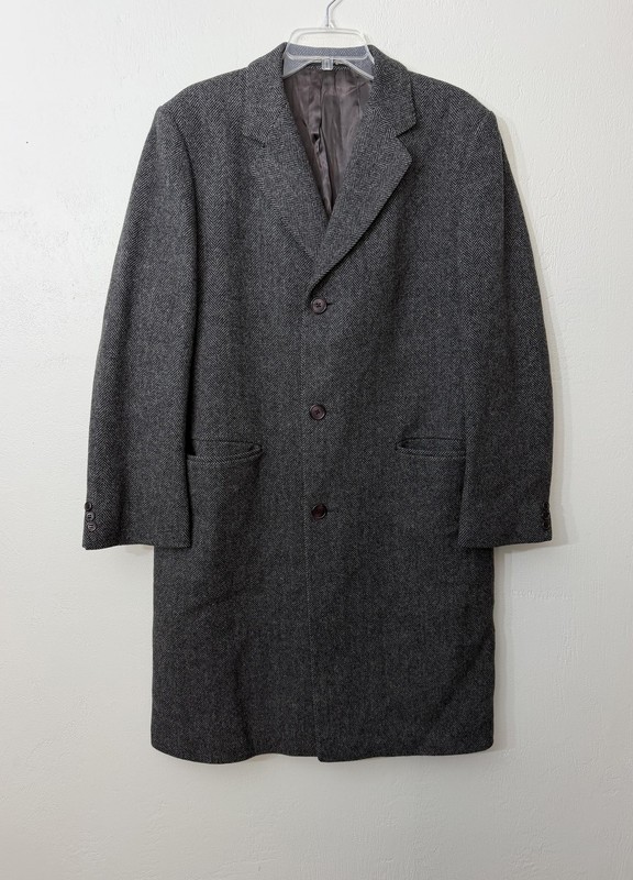 Barneys New York Overcoat Mens 46 Gray Wool Herringbone Tweed Long Lined